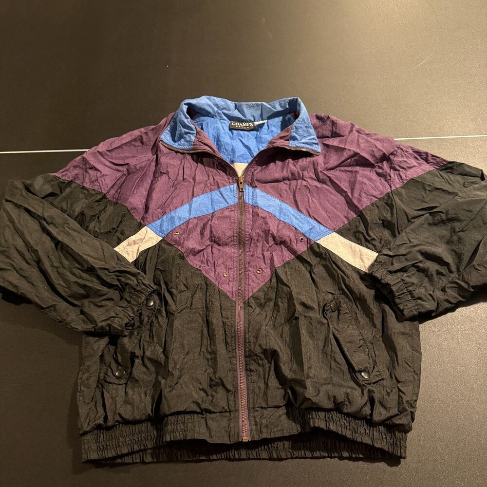 Vintage 90s Champs Style Windbreaker Jacket Large Colorblock Crinkle Nylon